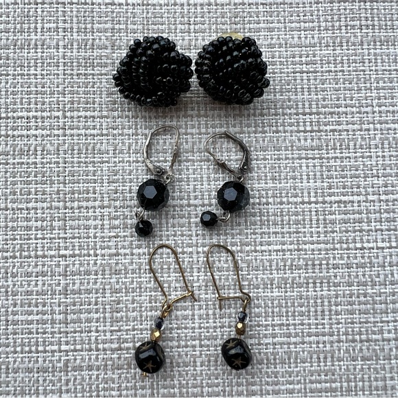 Set Of Three Pairs Pierced Earrings Black Beaded Studs Black Crystal Dangle Y2K - Picture 1 of 5